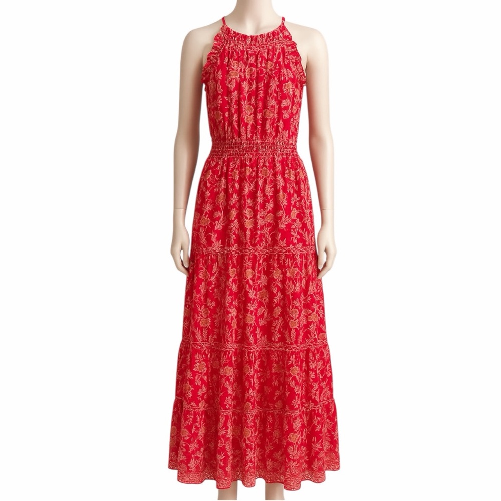 Max Studio Red Floral Smocked Maxi Dress